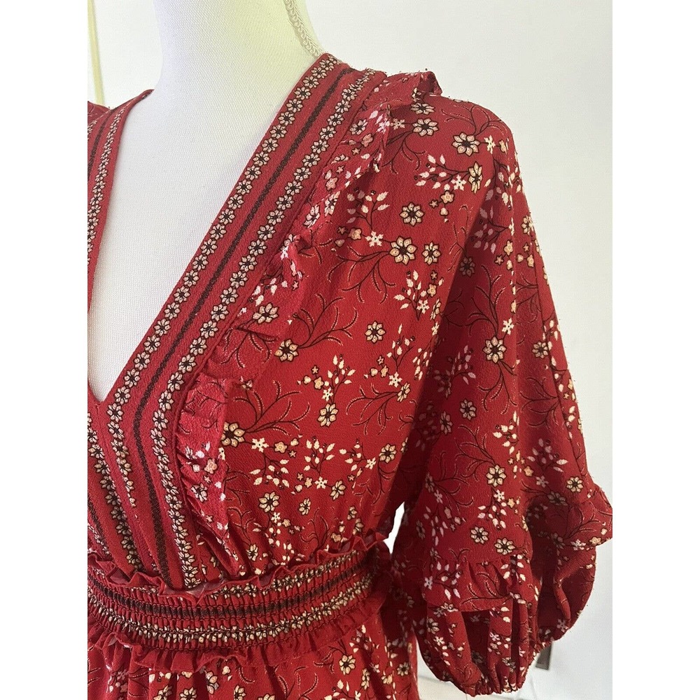 Max Studio Red Floral Bubble Crepe Knee Length Cottagecore Style Dress Size XS - Picture 6 of 8